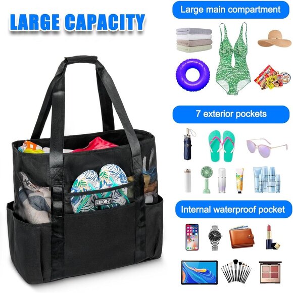 Women's Black Mesh Beach Tote Waterproof Sandproof Foldable Beach Bag - Picture 3 of 8